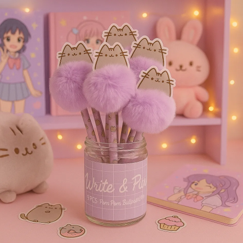PUSHEEN - Box med 10 Pompom Pennor Grupo Erik
