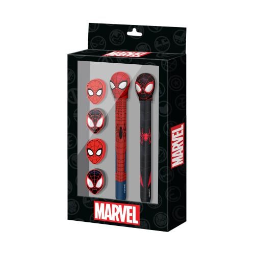 SPIDER-MAN - Set med 2 Pennor + 4 Suddgummin Karactermania